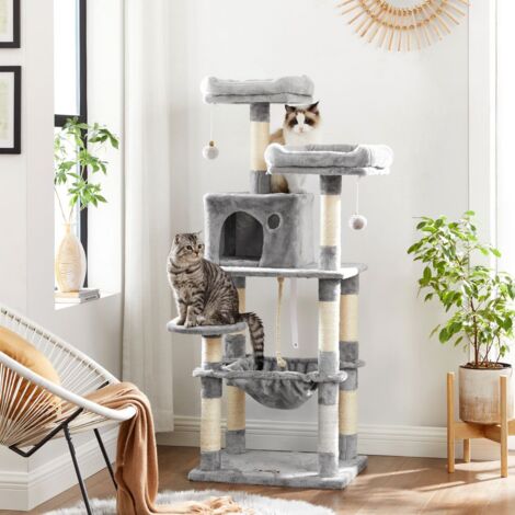FEANDREA Árbol para Gatos, Torre de 143 cm, 2 Plataformas, Gris Claro por SONGMICS