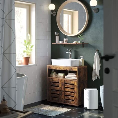 Mueble de lavabo de baño bajo extra largo con dos puertas y compartimientos  abiertos color blanco Vasagle