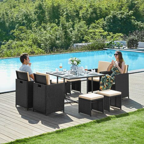 Conjunto de Muebles de Jardín, Juego de Muebles de Patio Ratán PE, Mesa  Silla de Comedor, Mesa de Café con Tapa de Vidrio, con Cojines, Ahorro de 