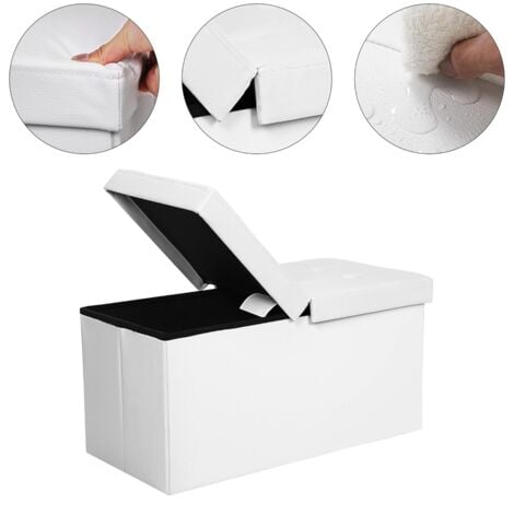 Puff Baúl Plegable Taburete de almacenamiento 80 L Tapa plegable Carga máxima de 300 kg Blanco 76 x 38 x 38 cm