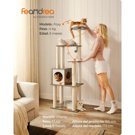 FEANDREA Árbol para Gatos, Torre Moderna de Gatos 165 cm, 5 Postes para Arañar, Cojines Lavables y Desmontables, Plataforma, Cueva, Muebles de Interior para Gatos, Greige