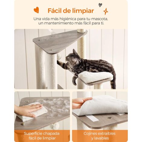FEANDREA Árbol para Gatos, Torre Moderna de Gatos 165 cm, 5 Postes para Arañar, Cojines Lavables y Desmontables, Plataforma, Cueva, Muebles de Interior para Gatos, Greige