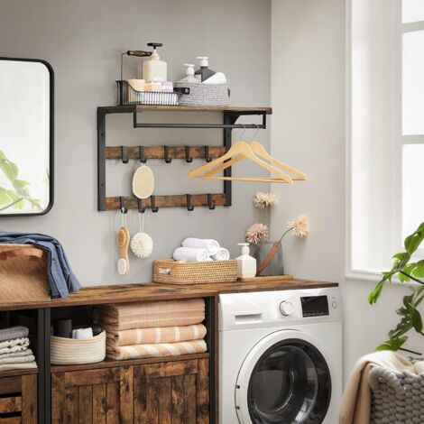VASAGLE Perchero de Pared, Perchero Colgante con 10 Ganchos Extraíbles, Doble Fila de Ganchos y Barra de Colgar, para Pasillo, Dormitorio, Baño, Marrón Rústico y Negro por SONGMICS