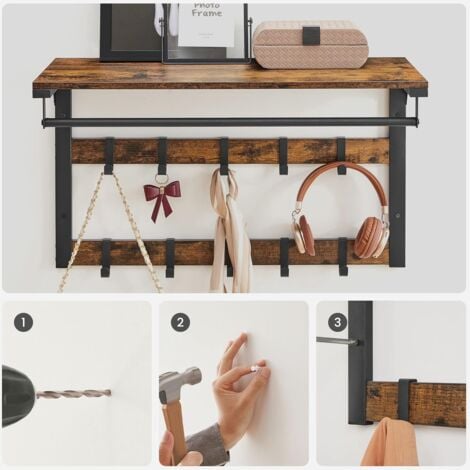VASAGLE Perchero de Pared, Perchero Colgante con 10 Ganchos Extraíbles, Doble Fila de Ganchos y Barra de Colgar, para Pasillo, Dormitorio, Baño, Marrón Rústico y Negro por SONGMICS