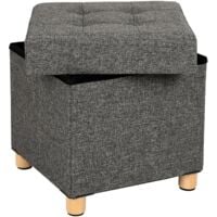 Puff, Baúl Plegable Cuadrado, Taburete de Almacenamiento, Tapizado en Esponja con Patas de Madera Maciza y Tapa Gris Oscuro