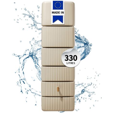 Récupérateur d'eau de pluie mural slim 330 L – Couleur sable – Robinet PE imitation laiton – Raccords filetés 19 mm pour vidange – 4Rain