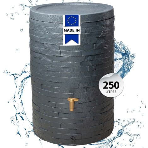 Récupérateur d'eau de pluie 250L gris – Design pierre naturelle – Plastique recyclé résistant aux intempéries – Couvercle amovible sécurisé – 4Rain (1/6)