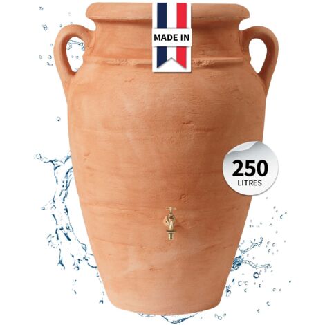 Garantia – Réservoir d'eau de pluie 250L – Terracotta mate en 3D – Bac à plantes intégré – 2 filetages en laiton pour installation facile