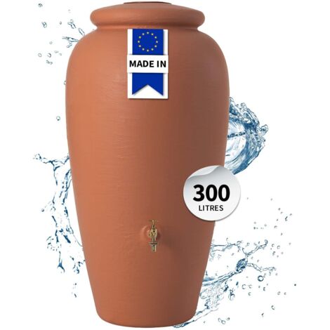 Garantia – Réservoir d'eau de pluie 300L rond terracotta – Raccords intégrés 19mm – Construction résistante aux UV – Pour arrosage économique
