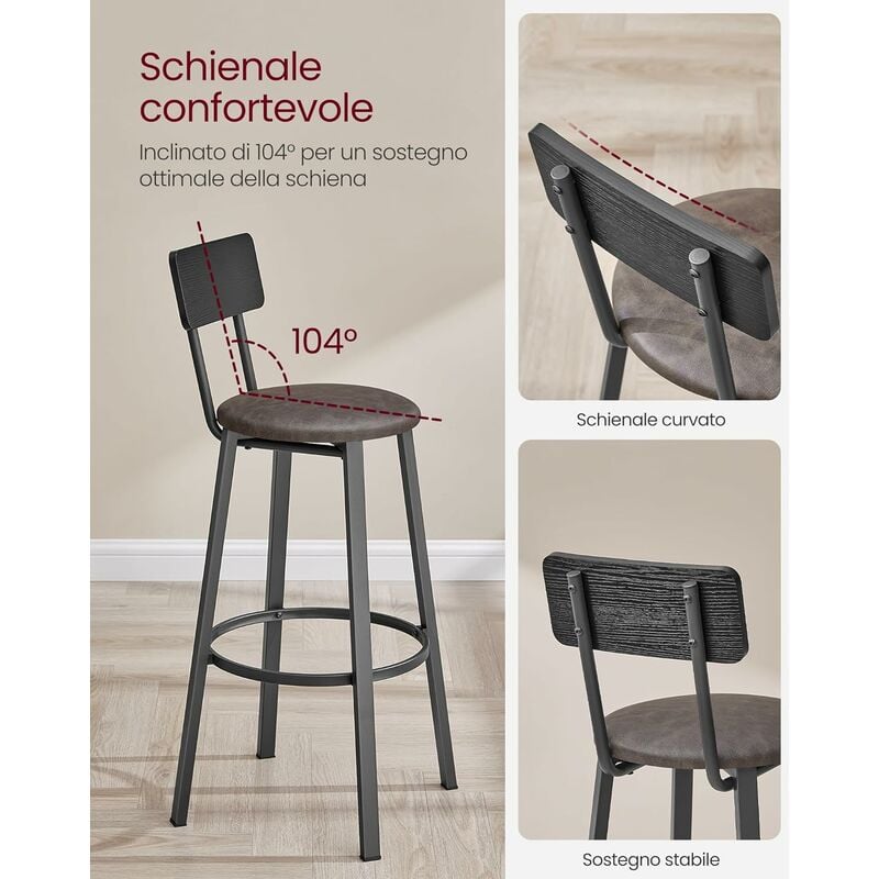 VASAGLE Sgabelli da Bar, Set di 2 Sgabelli Cucina Imbottiti in PU, Sedile  Alto 75,5 cm, con Poggiapiedi, Montaggio Facile, Industriale, Sala da Pranzo,  Nero Classico e Marrone Caffè