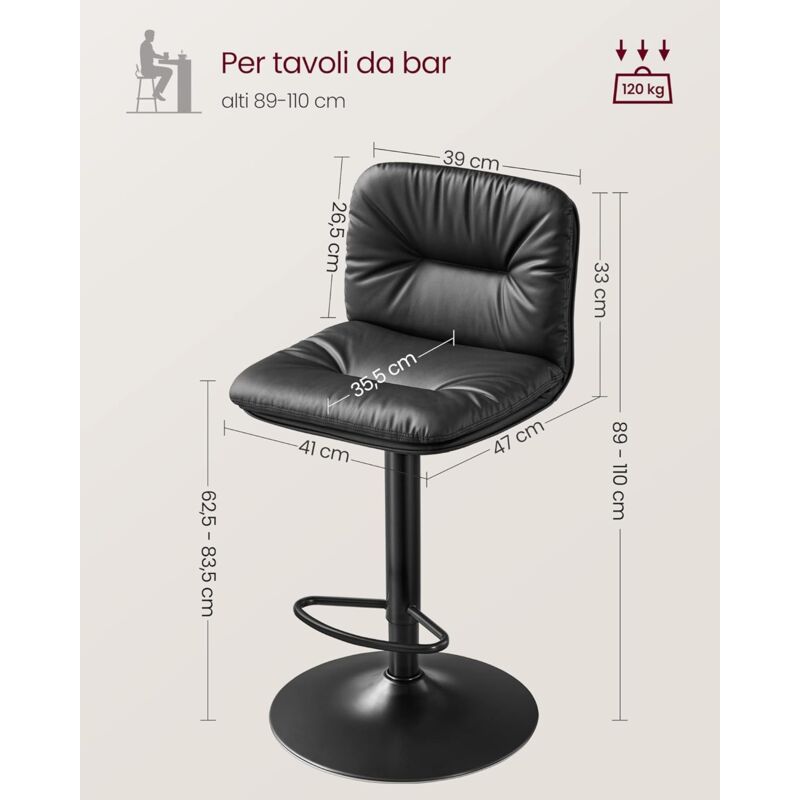 VASAGLE Sgabelli Da Bar Set Di 2 - Schienale Ergonomico, Rivestimento PU, Nero - Foto 11