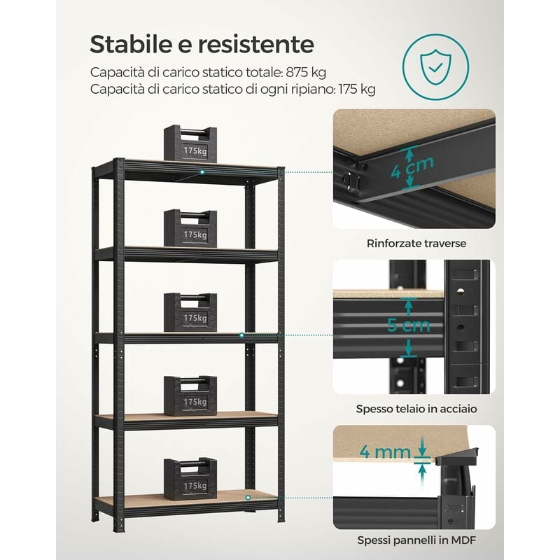 SONGMICS Set di 2 Scaffali per Carichi Pesanti, Scaffalature a 5 Ripiani in  Acciaio, Senza Viti, in Garage, Magazzino, Ripostiglio, Portante 875 kg, 40  x 90 x 180 cm, Nero