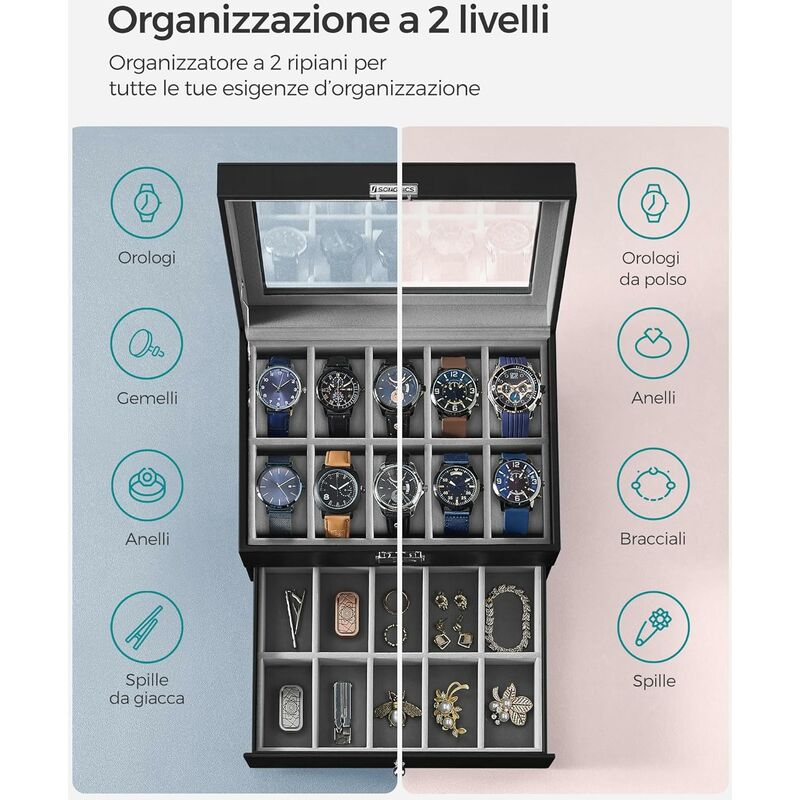 SONGMICS Porta Orologi, Scatola Portaorologi a 2 Livelli, Coperchio in Vetro,  con Cuscinetti Rimovibili, Idea Regalo, Superficie in PU Nera, Interno  Grigio