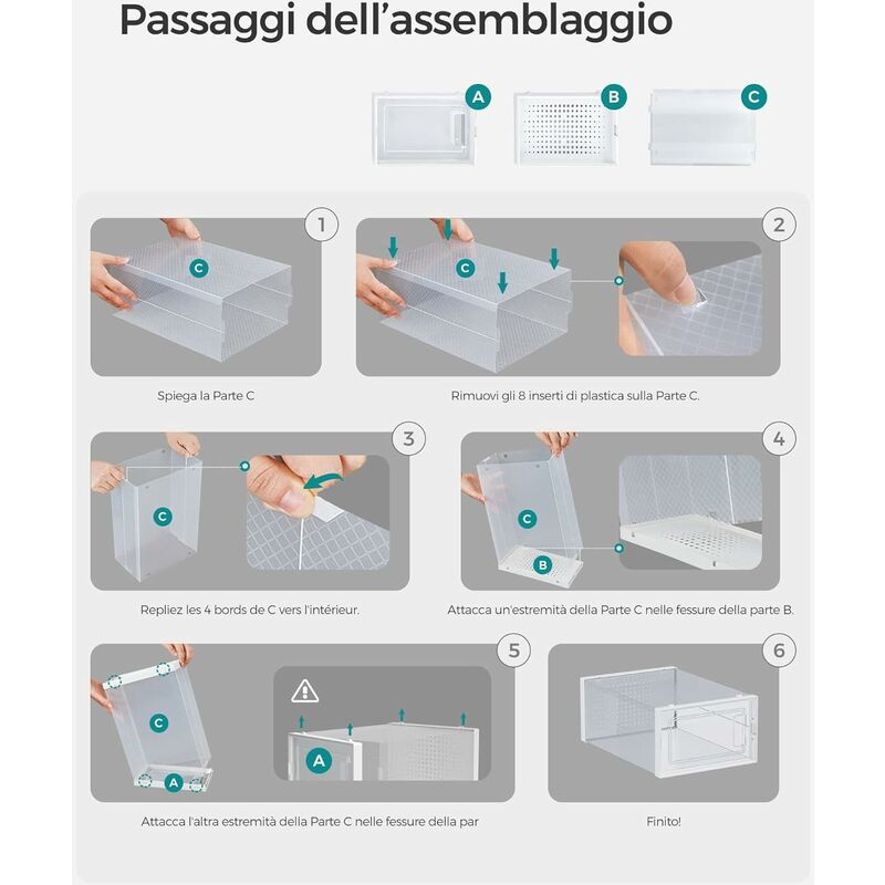 Scatole Organizzatrici Per Scarpe SONGMICS - 12 Pezzi Trasparenti E Bianche, Pieghevoli E Impilabili Fino A Taglia 44 - Foto 7