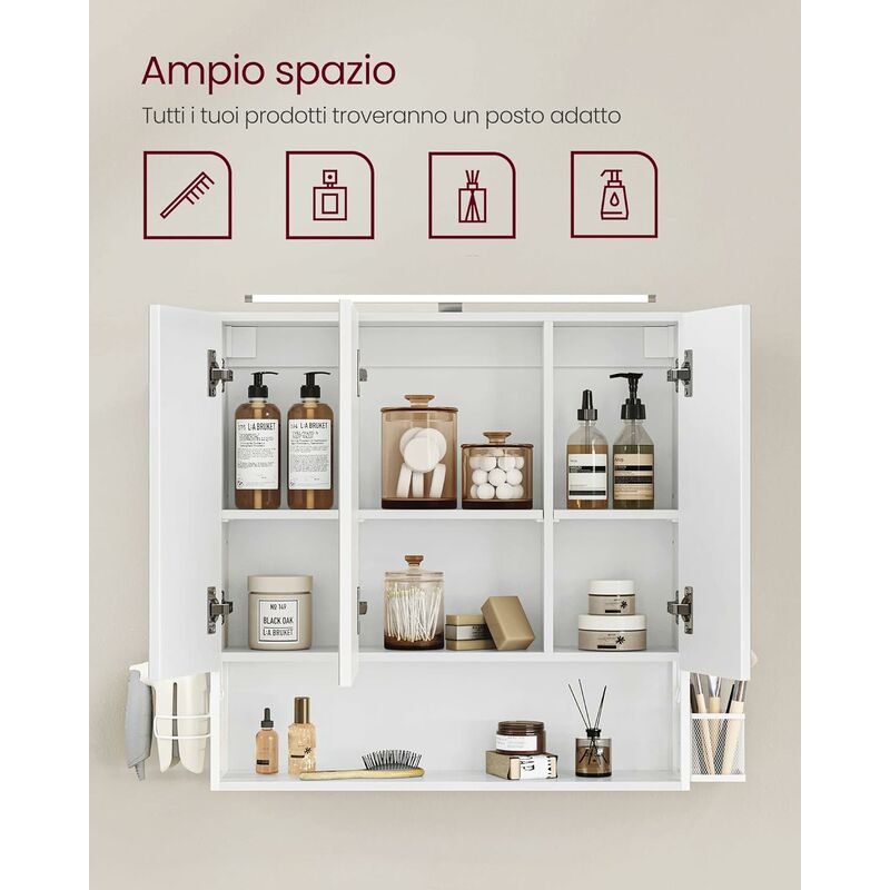 VASAGLE Mobile da Bagno con Luce, Mobiletto da Bagno Salvaspazio,  Armadietto da Bagno a Colonna con Ripiani Regolabili, Scomparti Aperti, per  Piccoli Spazi, Moderno, Bianco Nuvola BBC566W03 : : Casa e cucina