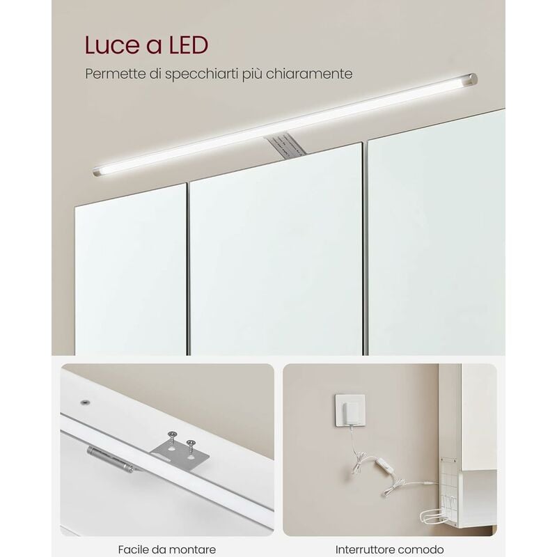 VASAGLE Armadietto da Bagno con Specchio, Mobile a Parete con Luci LED,  Mobiletto a 3 Ante, Ripiano Regolabile, Porta Asciugacapelli, Cestino,  Moderno, Bianco