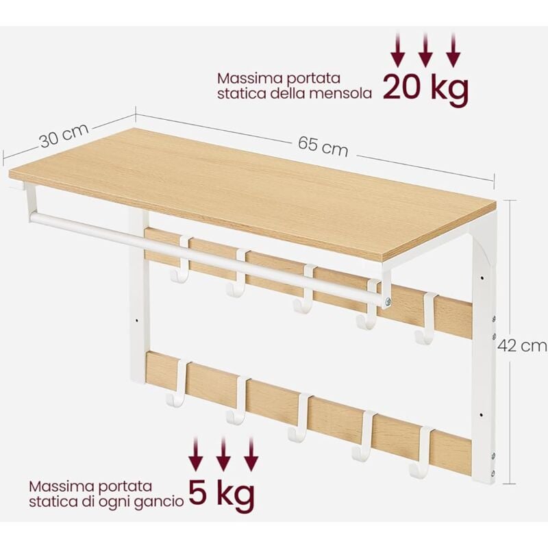 VASAGLE Appendiabiti da Parete, Mensola da Muro con 10 Ganci