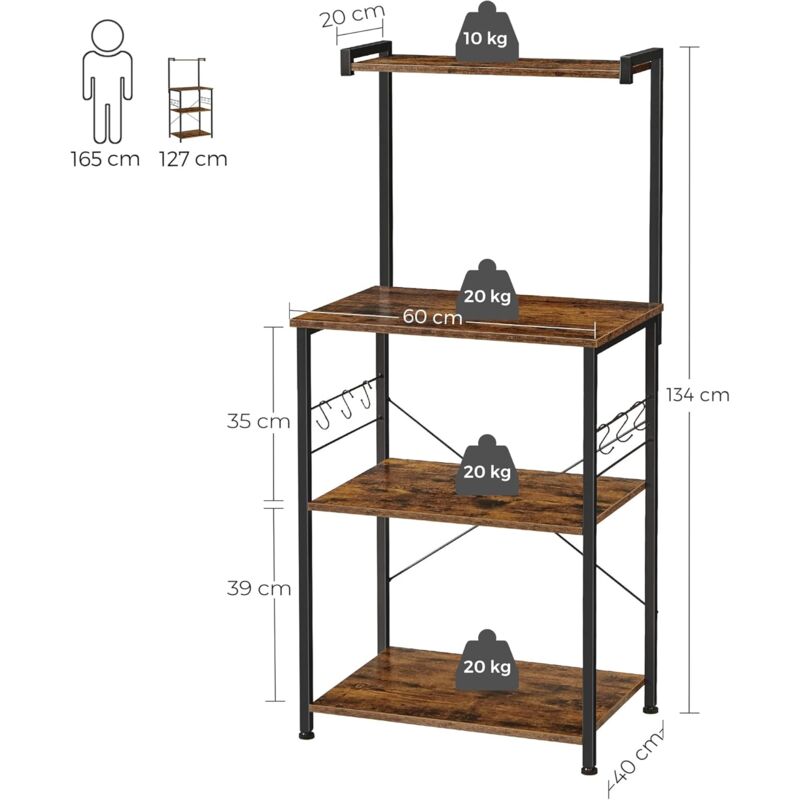 VASAGLE Scaffale da Cucina, Organizzatore per Cucina, Supporto per Forno a  Microonde, con 3 Ripiani, 6 Ganci a S, per Spezie, Pentole e Padelle, Stile  Industriale, Marrone Vintage e Nero da SONGMICS