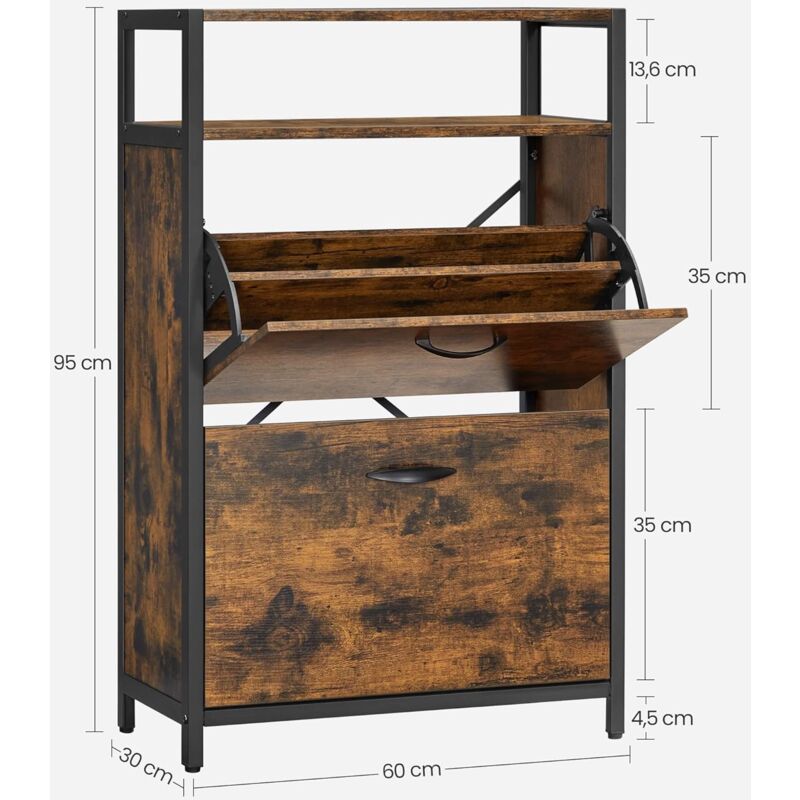 VASAGLE Scarpiera con 2 Scomparti a Ribalta, Portascarpe da Ingresso con  Ripiano Aperto, Divisori Interni, per 8-12 Paia, 60 x 30 x 95 cm, Marrone  Vintage e Nero da SONGMICS