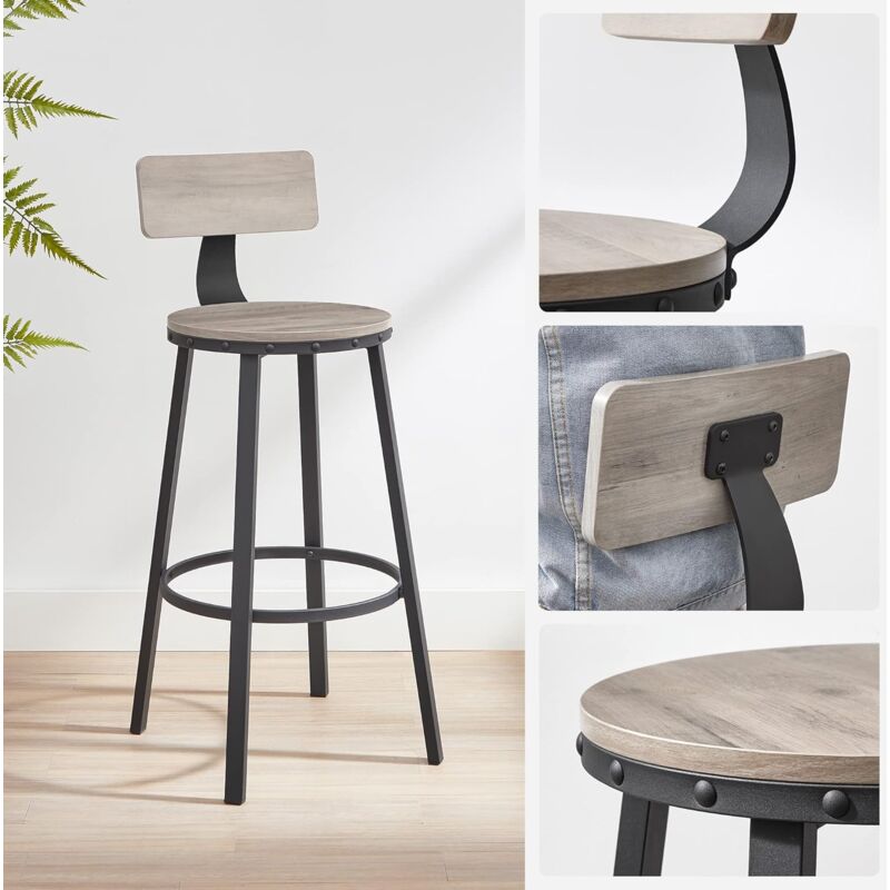 Sgabelli Da Bar VASAGLE - Set Di 2, Struttura In Metallo E Legno, Altezza 65cm, Con Poggiapiedi. Grigio E Nero, Per Cucina O Soggiorno!