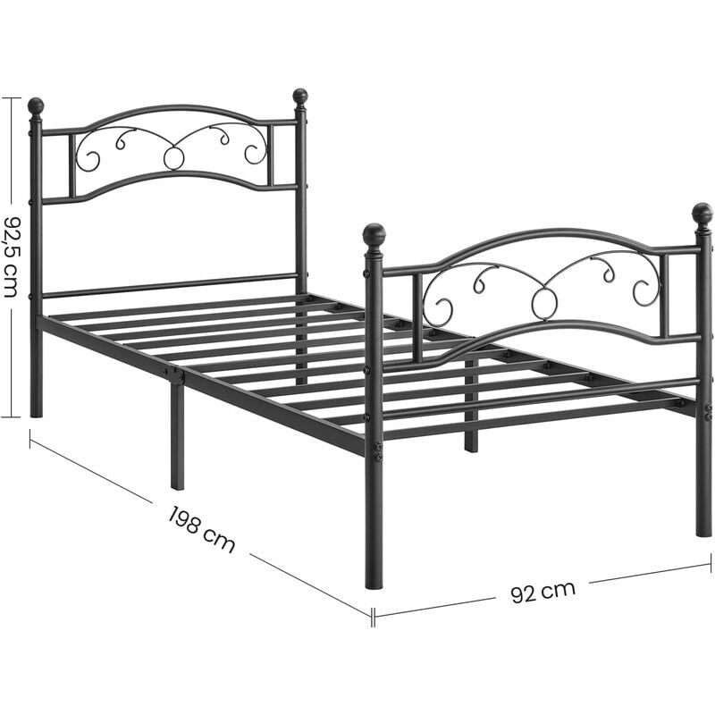 VASAGLE Struttura Letto Singolo in Metallo, Letto a Doghe per Materassi di  90 x 190 cm, per Stanza di Ospiti, Montaggio Facile, Nero