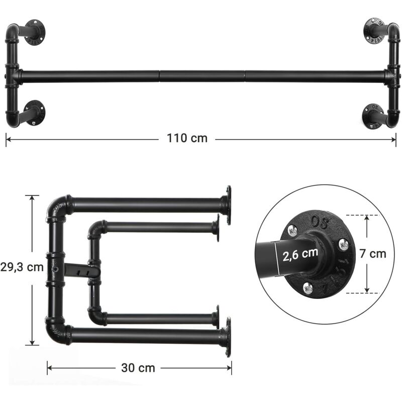 Barra Appendiabiti a Muro Salvaspazio Multiuso in Stile Industriale 110cm  Nera