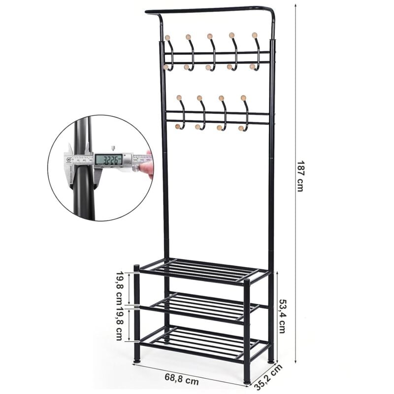 Stand Appendiabiti Nero Attaccapanni con Scarpiera a 3 Ripiani Porta Abiti  per Ingresso Altezza 187cm Nero