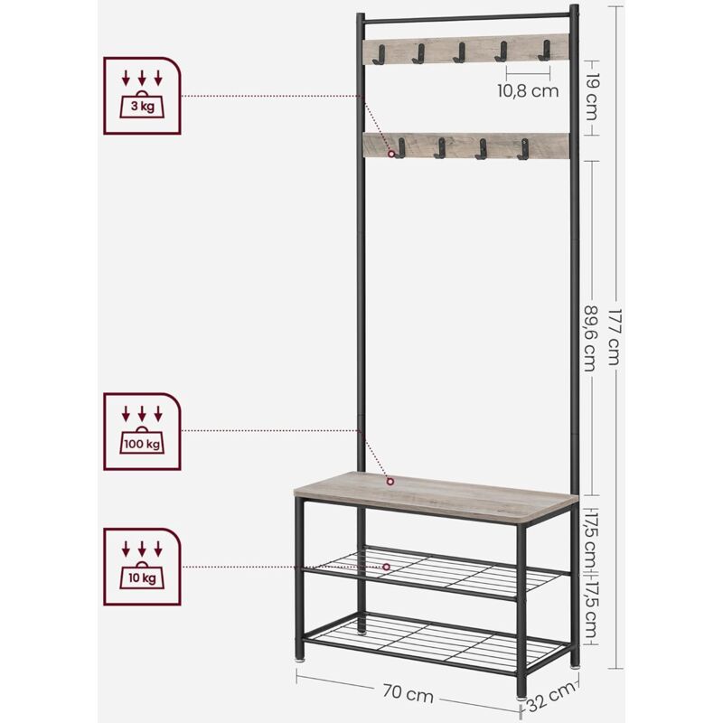 Appendiabiti Con Panca VASAGLE - 9 Ganci, 2 Ripiani Scarpiera, 180 Cm | Stile Industriale - Foto 8