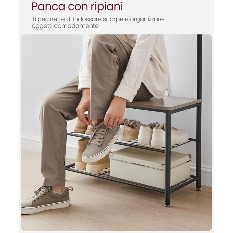 Appendiabiti Con Panca VASAGLE - 9 Ganci, 2 Ripiani Scarpiera, 180 Cm | Stile Industriale - Foto 7