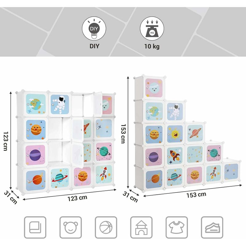 Scaffale Portaoggetti a 15 Cubi per Bambini, Portagiochi ad Incastro,  Armadio in Plastica, Organizzatore Modulare per Abiti Scarpe Zainetto, 123  x 31 x 123 cm, Bianco