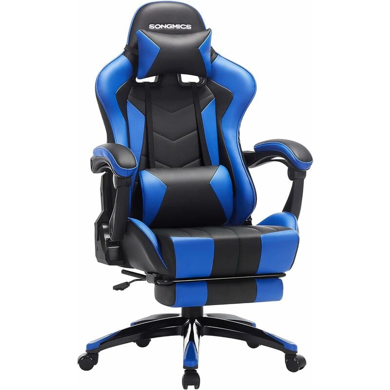 Sedia da Gaming, Sedia Ufficio Ergonomica, Poggiapiedi Telescopico,  Schienale Regolabile da 90° a 135°, Braccioli con Movimenti Sincronizzati,  Portata 150 kg, Nero e Blu