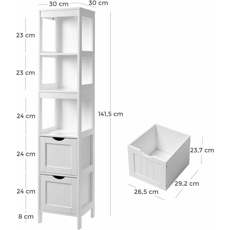 VASAGLE Mobile Alto da Bagno, Armadietto da Bagno, Mobiletto da Bagno, con  2 Cassetti e 3 Scomparti Aperti, 30 x 30 x 141,5 cm, per Bagno, Soggiorno,  Cucina, Grigio Tortora/Bianco