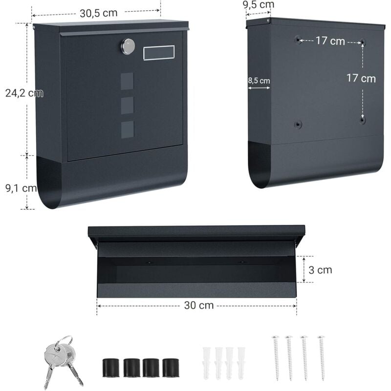 SONGMICS Cassetta Postale, Cassetta della Posta da Parete, con Finestrelle,  Targhetta, Serratura con Cilindro in Rame e Copertura, Facile da Montare,  Moderno, Nero