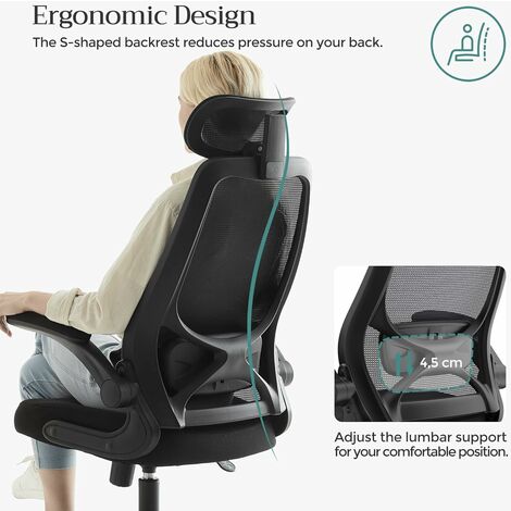 SONGMICS Sedia da Ufficio, Girevole, di Rete, da Computer Ergonomica,  Supporto Lombare Imbottito, Funzione Oscillante, Seduta 53 cm, Braccioli  Pieghevoli, Nero/Bianco + Nero