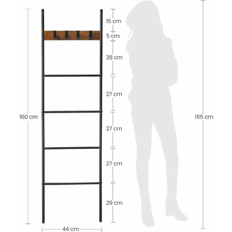 VASAGLE Scaffale scaletta inclinata, porta asciugamani, 5 ripiani, 44 x 160 cm, salvaspazio, telaio in acciaio, 4 ganci, per coperte, asciugamani, stile industriale, marrone rustico e nero