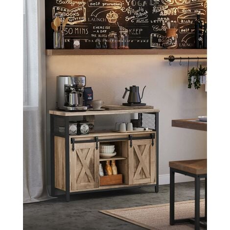 VASAGLE Credenza, Mobile da Cucina, Armadietto Organizzatore, con 2 Ante Scorrevoli, 33 x 100 x 80 cm, Ripiani Regolabili, Stile Country, per Soggiorno, Naturale e Nero