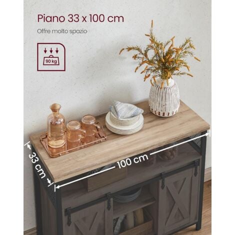 VASAGLE Credenza, Mobile da Cucina, Armadietto Organizzatore, con 2 Ante Scorrevoli, 33 x 100 x 80 cm, Ripiani Regolabili, Stile Country, per Soggiorno, Naturale e Nero