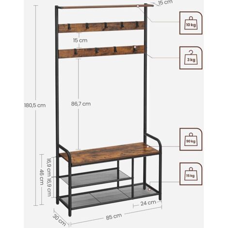 Appendiabiti Con Scarpiera VASAGLE - Mobile Ingresso Con 9 Ganci, Panca E Mensole, Marrone/Nero - Foto 7