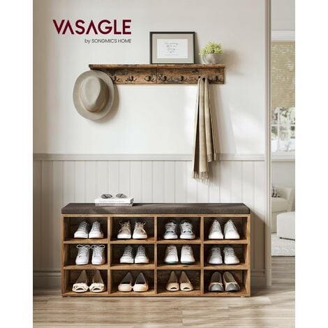 VASAGLE Panca Scarpiera, Scarpiera con Seduta, Scarpiera Ingresso con Cuscino e 12 Scomparti, Ripiani Regolabili, Corridoio Soggiorno, 30,3 x 104 x 48 cm, Marrone Vintage