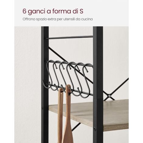 VASAGLE Scaffale da Cucina con Rotelle, Carrello di Servizio con 3 Ripiani, Scaffale per Microonde, Forno, Tostapane, Struttura Metallica con 6 Ganci, Industriale, Greige e Nero