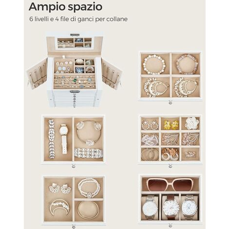 Portagioie Vlando XXL Con Specchio - 6 Livelli, Cassetti, Per Orecchini, Collane, Orologi, Design Francese - Foto 8