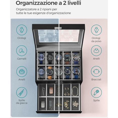 SONGMICS Porta Orologi, Scatola Portaorologi a 2 Livelli, Coperchio in Vetro,  con Cuscinetti Rimovibili, Idea Regalo