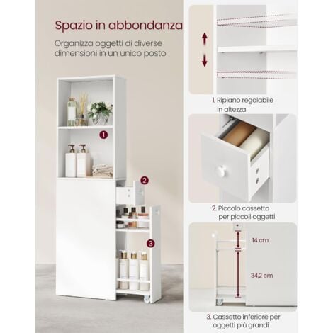 VASAGLE Mobile Bagno Alto, Mobiletto Bagno Salvaspazio, Colonna Bagno con Cassetti e Ripiano Regolabile, per Spazi Piccoli, Stile Moderno, Bianco Classico