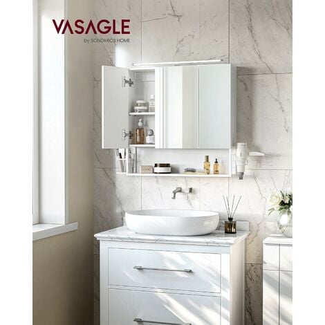 VASAGLE Armadietto da Bagno con Specchio, Mobile a Parete con Luci LED,  Mobiletto a 3 Ante, Ripiano Regolabile, Porta Asciugacapelli, Cestino,  Moderno, Bianco