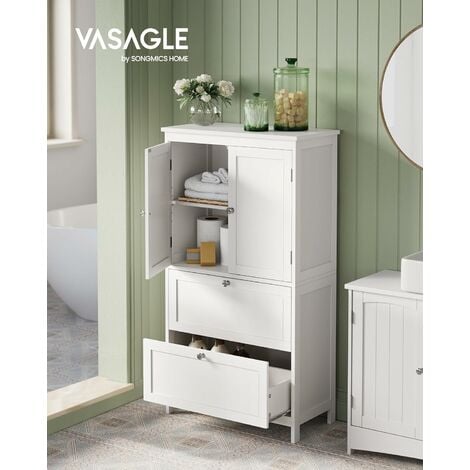 VASAGLE Mobile da Bagno, Mobiletto da Bagno, Credenza da Cucina, Armadietto con 2 Cassetti e 2 Ante, Ripiano Regolabile, 30 x 60 x 110 cm, Bianco