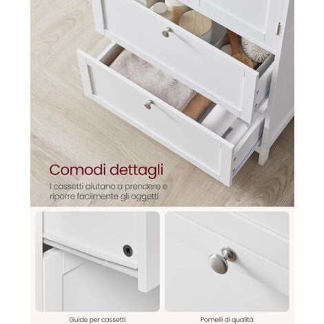 VASAGLE Mobile da Bagno, Mobiletto da Bagno, Credenza da Cucina, Armadietto con 2 Cassetti e 2 Ante, Ripiano Regolabile, 30 x 60 x 110 cm, Bianco