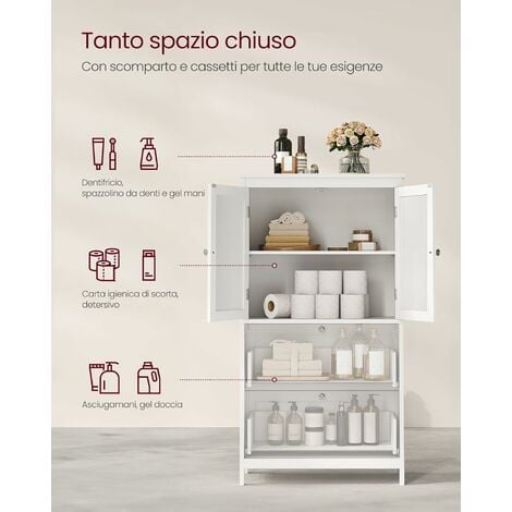 VASAGLE Mobile da Bagno, Mobiletto da Bagno, Credenza da Cucina, Armadietto con 2 Cassetti e 2 Ante, Ripiano Regolabile, 30 x 60 x 110 cm, Bianco