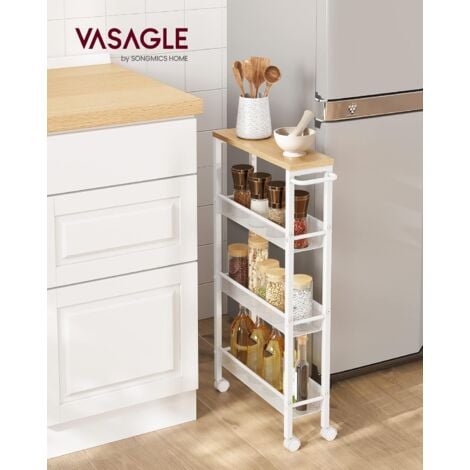 VASAGLE Carrello a 4 Ripiani, Carrello Cucina Salvaspazio con Ruote, Struttura in Acciaio, Maniglia, Carrellino Piccoli Spazi, Bagno Salotto Studio, Beige Rovere e Bianco