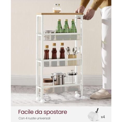 VASAGLE Carrello a 4 Ripiani, Carrello Cucina Salvaspazio con Ruote, Struttura in Acciaio, Maniglia, Carrellino Piccoli Spazi, Bagno Salotto Studio, Beige Rovere e Bianco