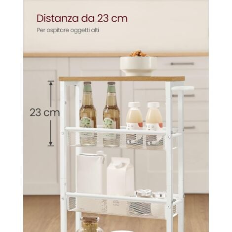 VASAGLE Carrello a 4 Ripiani, Carrello Cucina Salvaspazio con Ruote, Struttura in Acciaio, Maniglia, Carrellino Piccoli Spazi, Bagno Salotto Studio, Beige Rovere e Bianco
